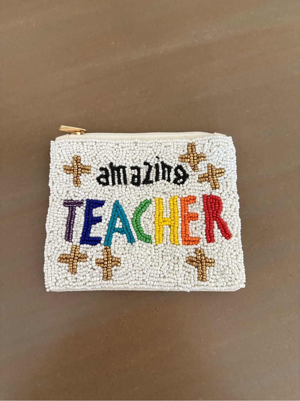 Amazing Teacher Beaded Pouch - White with Rainbow Lettering